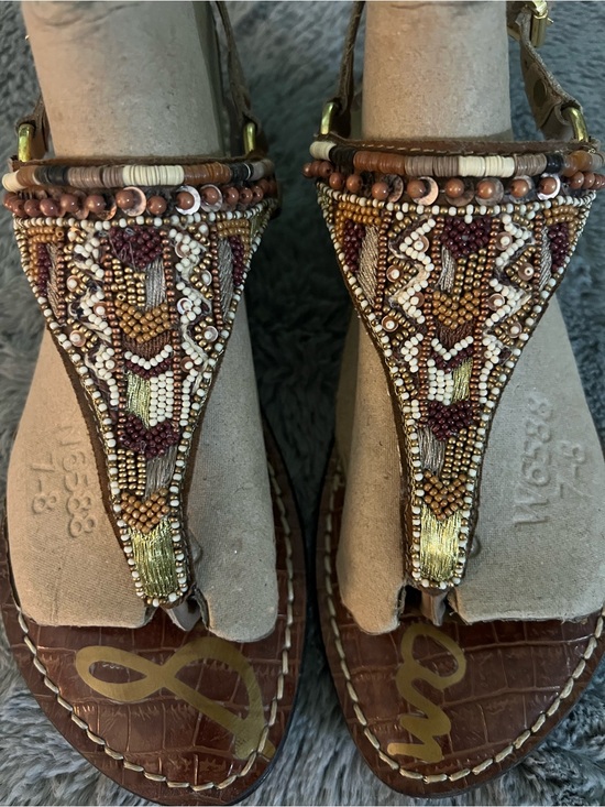 Sam Edelman Shoes - Sam Edelman Beaded T-Strap Brown Sandals with Metallic Accents
